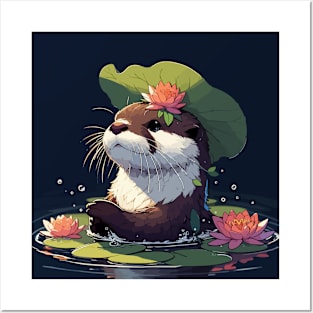 Kawaii Anime Otter Bath With Water Lily Posters and Art